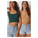 Happiness İstanbul Women's Biscuit Emerald Green Strappy Crop 2-Pack Knitted Blouse