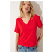 Happiness İstanbul Women's Red V-Neck Basic Viscose Knitted T-Shirt