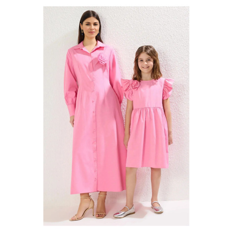 Trendyol Pink Flower Detail Buttoned Woven Mother Daughter Shirt Dress