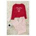 Trendyol Red Cotton Heart Slogan Printed Knitted Pajama Set