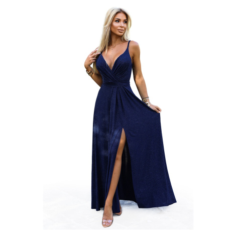 512-7 JULIET elegant long shiny dress with a neckline and leg slit - dark blue with glitter NUMOCO