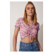 Happiness İstanbul Women's Pink Floral Gathered Crop Knitted Blouse