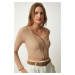 Happiness İstanbul Women's Beige Zipper Ribbed Crop Blouse