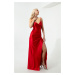 Lafaba Women's Red Backless Long Evening Dress with a Slit