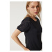 Happiness İstanbul Women's Black Guipure Sleeve Cotton Basic Knitted T-Shirt