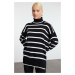 Trendyol Black Striped Wide Cut Long Knit Sweater