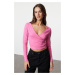 Trendyol Pink Deep Double Breasted Collar Lace Detailed Long Sleeve Crop Cotton Stretch Knitted 