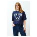 Trendyol Navy Blue 100% Cotton City Print Oversize/Wide-Fit Knitted T-Shirt