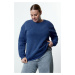 Trendyol Curve Blue Fleece Inside Crew Neck Knitted Plus Size Sweatshirt