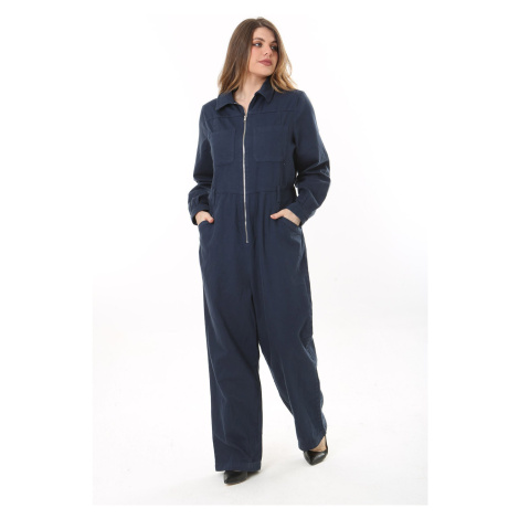 Şans Women's Plus Size Navy Blue Front Zippered 4 Pockets Back Waist Belt Elastic Denim Jumpsuit