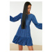 Trendyol Navy Blue Tall Tie Back Detail Gingham Knitted Dress