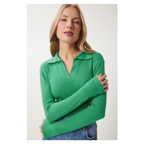 Happiness İstanbul Women's Vivid Green Polo Neck Corded Knitted Blouse