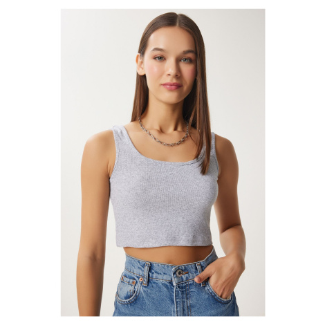 Happiness İstanbul Women's Gray Melange Strappy Ribbed Crop Knitted Blouse