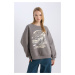 DEFACTO Women's Gray Cool Oversize Fit Wide Pattern Crew Neck Printed Thick Sweatshirt