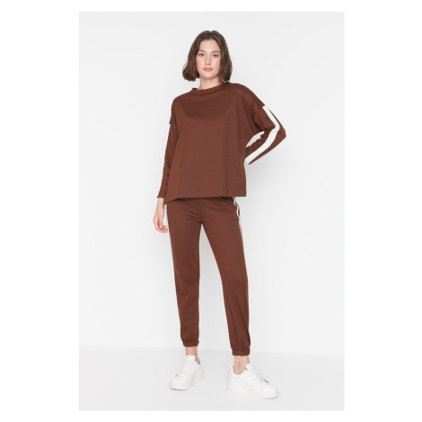 Trendyol Brown Stripe Detailed Thin Knitted Tracksuit Set