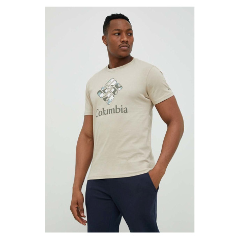 Bavlnené tričko Columbia béžová farba, s potlačou
