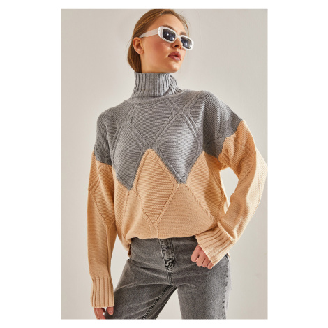 Bianco Lucci Women's Turtleneck Diamond Patterned Knitwear Sweater