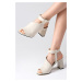 Mio Gusto Sonya Beige Color Asymmetric Cut Ankle Strap Women's Thick Heeled Sandals