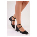 Shoeberry Women's Linnie Black Skin Chunky Heel Shoes Black Skin
