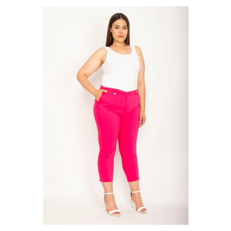 Şans Women's Plus Size Fuchsia Classic Fabric Pants with Side Pockets and Slits at Legs