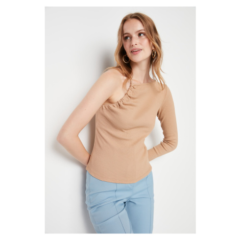 Trendyol Stones Shirring Detail Fitted Single Sleeve Ribbed Stretch Knit Blouse