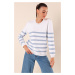 Bigdart 15820 Button Detailed Striped Sweater - C. Indigo