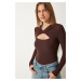 Happiness İstanbul Women's Brown Cut Out Detailed Ribbed Knitted Blouse