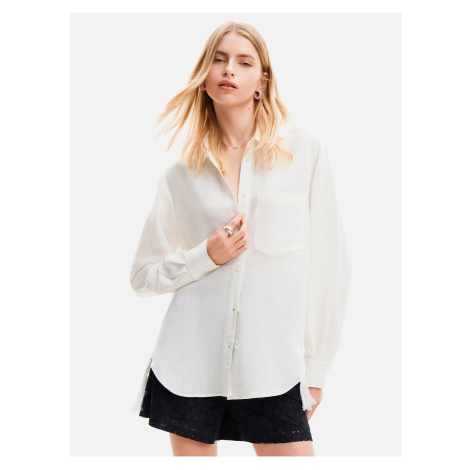 White Women's Oversize Shirt with Linen Blend Desigual Fringes - Women
