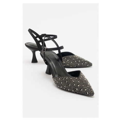 LuviShoes VİLKA Black Satin Stone Pointed Toe Thin Heeled Evening Shoes