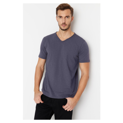 Trendyol Anthracite Pánske základné tričko s výstrihom do V Basic 100% bavlnené rozšírené jednod