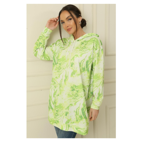 By Saygı Hooded Tie-Dye Pattern Oversize 2 Yarn Compact Combed Cotton Tunic