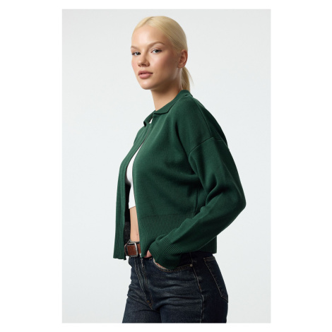 Trendyol Emerald Green Polo Collar Zipper Detailed Knitwear Cardigan