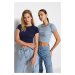 Trendyol Blue Stripe-Navy Blue Plain 2-Pack Fitted Crop Corduroy Knit Blouse