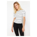 Trendyol White Striped Fitted Balloon Sleeve Ribbed Stretchy Knitted Blouse