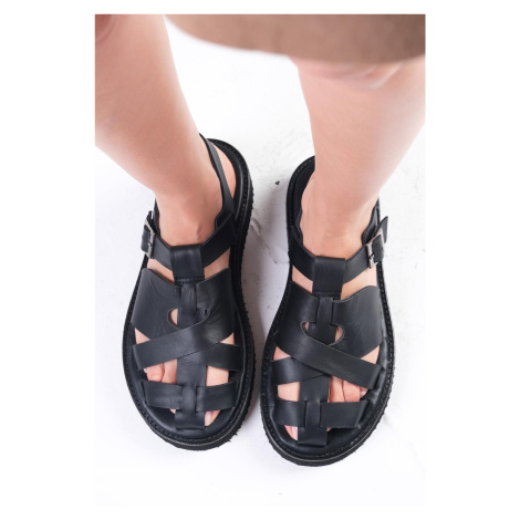 Mio Gusto Sylvie Genuine Leather Black Color Women's Flat Sandals