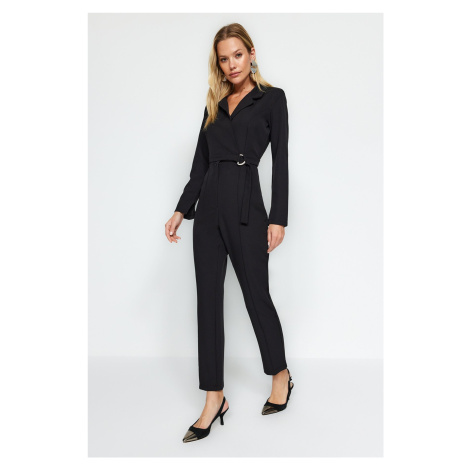 Trendyol Black Belted Woven Jumpsuit with Double Breasted Collar