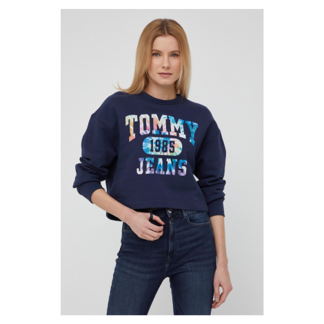 Bavlnená mikina Tommy Jeans dámska, tmavomodrá farba, s potlačou Tommy Hilfiger