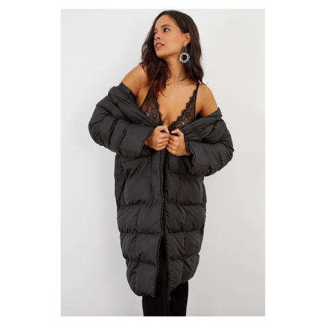 Cool & Sexy Women's Black Hooded Puffy Long Coat MX06