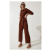 Happiness İstanbul Women's Brown Premium Belted Muslin Jumpsuit