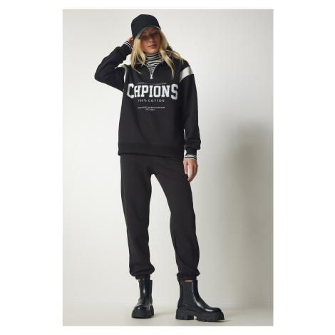 Happiness İstanbul Women's Black Zipper Collar Printed Raised Tracksuit