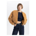 DEFACTO College Collar Basic Plain Zipper Pocket Plush Bomber Jacket Coat