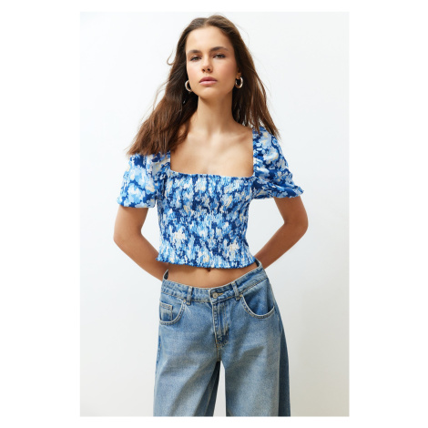 Trendyol Blue Gimped Square Neck Fitted Crop Knitted Blouse