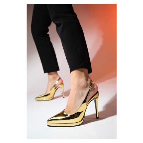 LuviShoes SANTA Women's Gold Mirror Pointed Toe Platform Heel Shoes