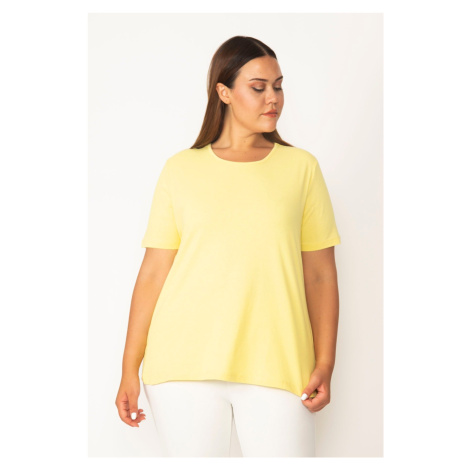 Şans Women's Plus Size Yellow Cotton Fabric Crewneck Short Sleeve Blouse