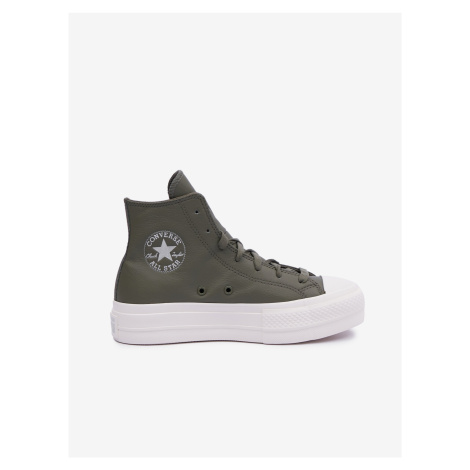 Kaki dámske kožené členkové tenisky na platforme Converse Chuck Taylor All Star Lift