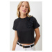 Happiness İstanbul Women's Black Floral Detailed Knitted T-Shirt