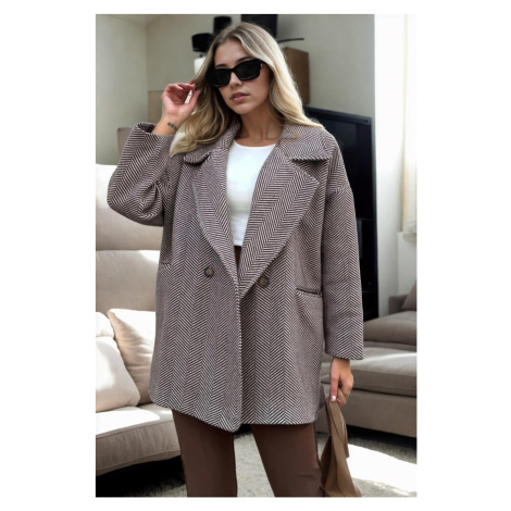 50406 Dewberry Herringbone Oversize Women Coat-BROWN