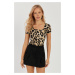 Cool & Sexy Women's Camel-Black Square Neck Leopard Patterned Blouse