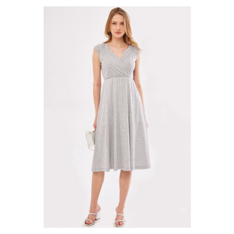 armonika Women's Gray Elastic Waist And Shoulder Skirt Lined Double Breasted Neck Midi Length Dr