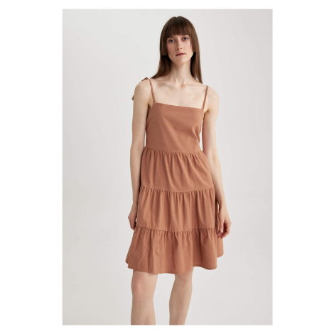 DEFACTO Square Collar Linen Look Sleeveless Mini Short Sleeve Woven Dress